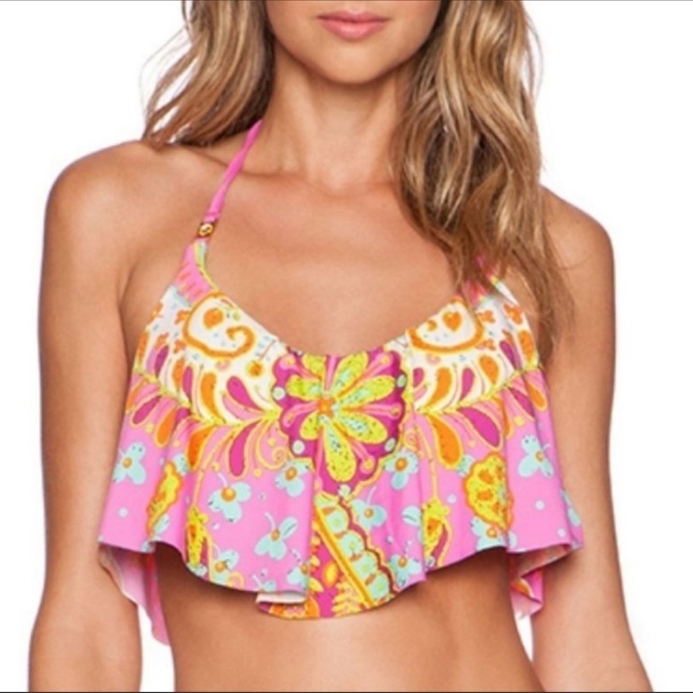 EUC - Trina Turk Pinkberry Woodblock Flounce Halter Neck Bikini Top - size 6